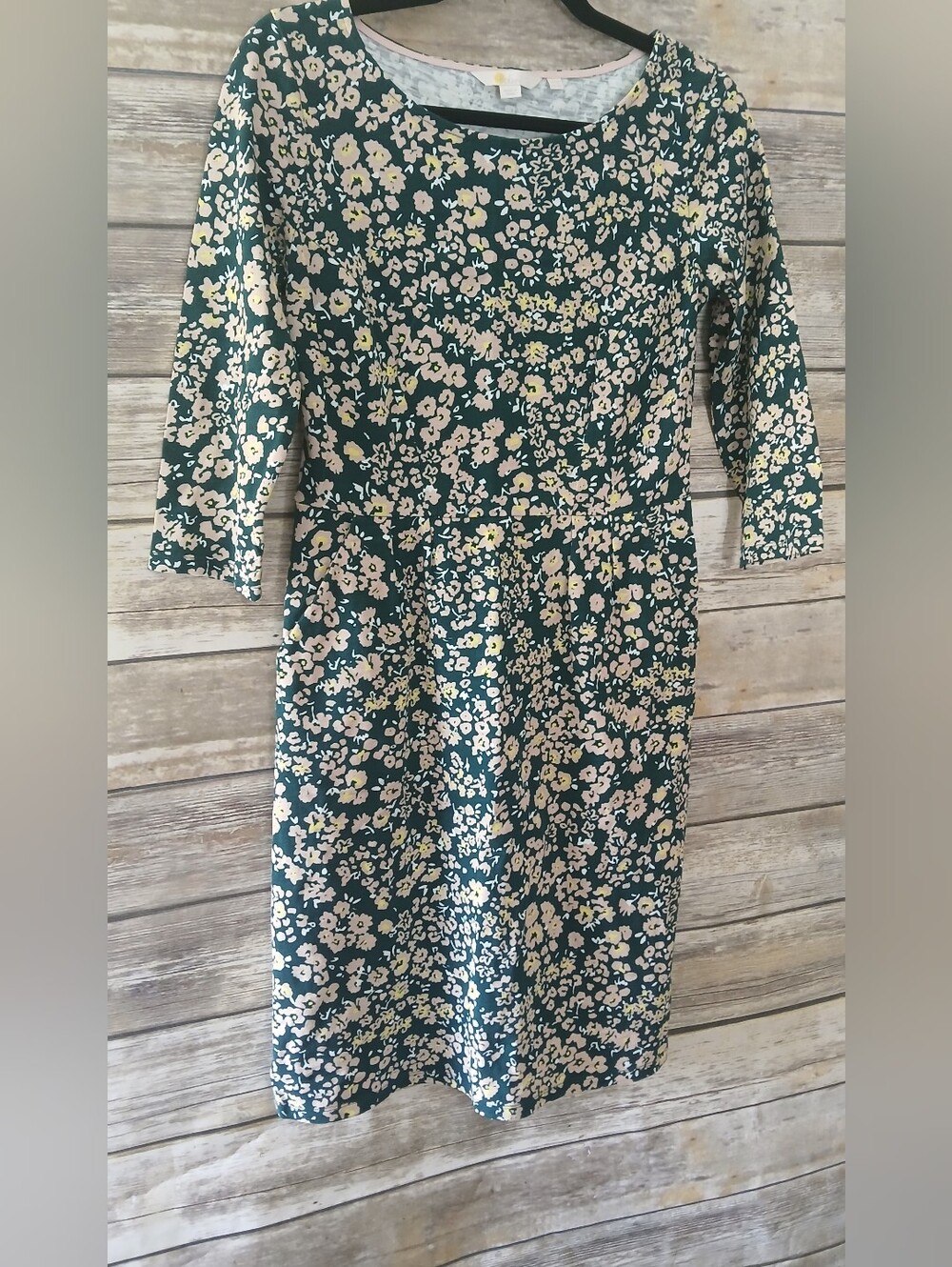 Boden 6P Floral Green Fit-and-Flare Dress with 3/4 Sleeves, Pockets, Cottagecore